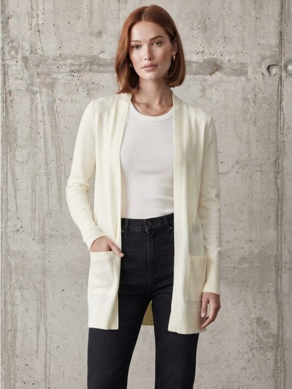 Open-Front Cream Cardigan Sweater With Pockets Size Extra Small
